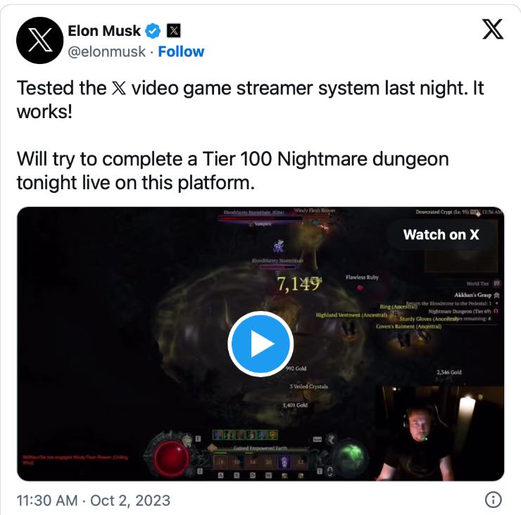 Elon Musk gioca a Diablo IV in live streaming su X